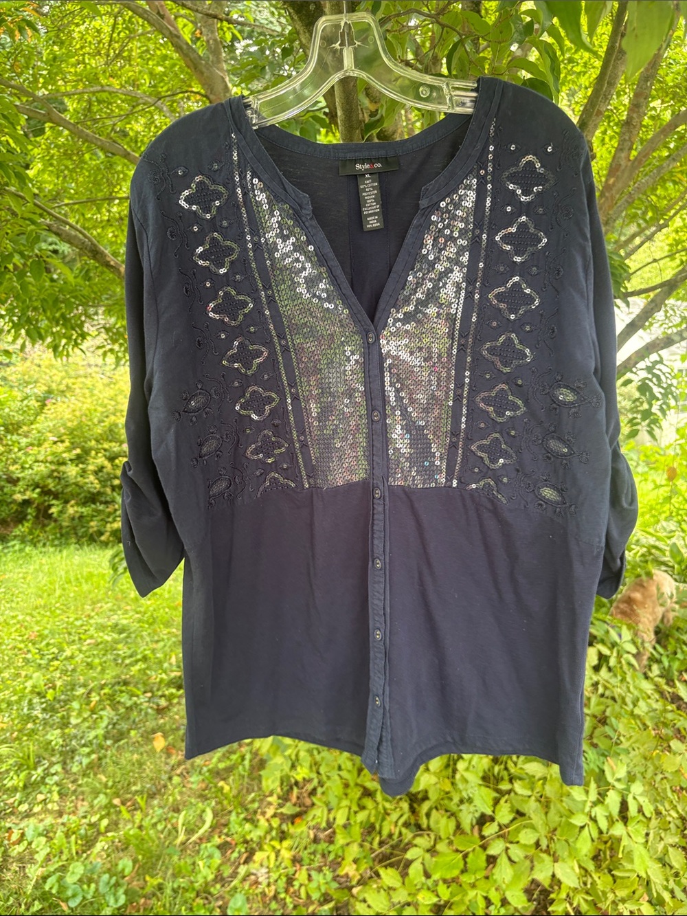Style & Co. Navy Sequined Embellished Button-Front Blouse XL